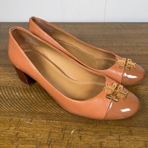 Tory Burch‎ Shoes Womens 8 Tan Leather Raleigh Block Heel Cap Toe Pumps Career